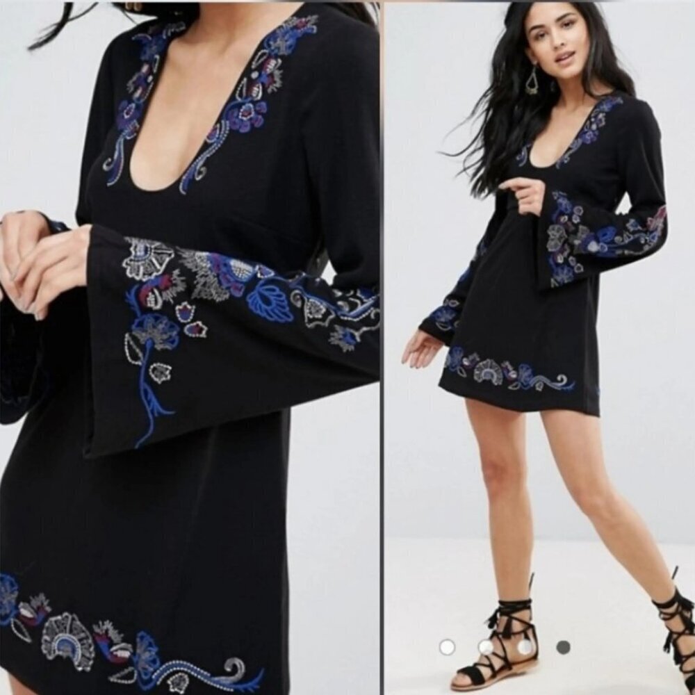Free People Holiday Folk mini dress tunic 4 black embroidered bell sleeve